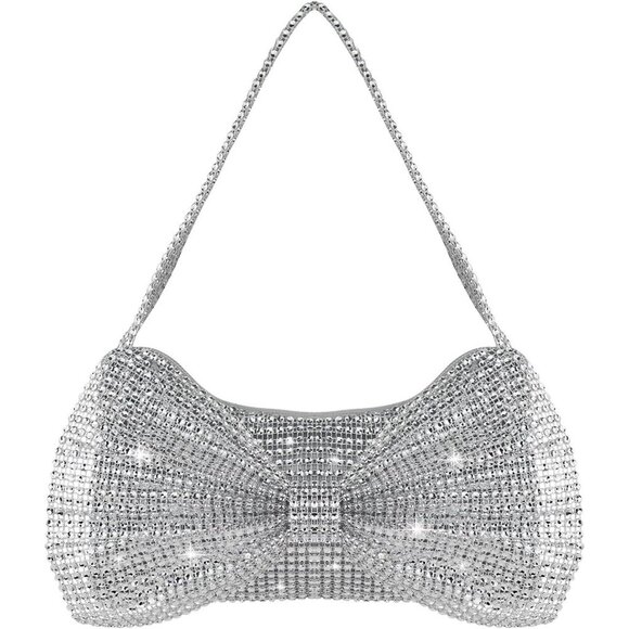 🆕Women Silver Rhinestone Evening Clutch Purse  Bowknot Elegant Party Handbag - Picture 1 of 6
